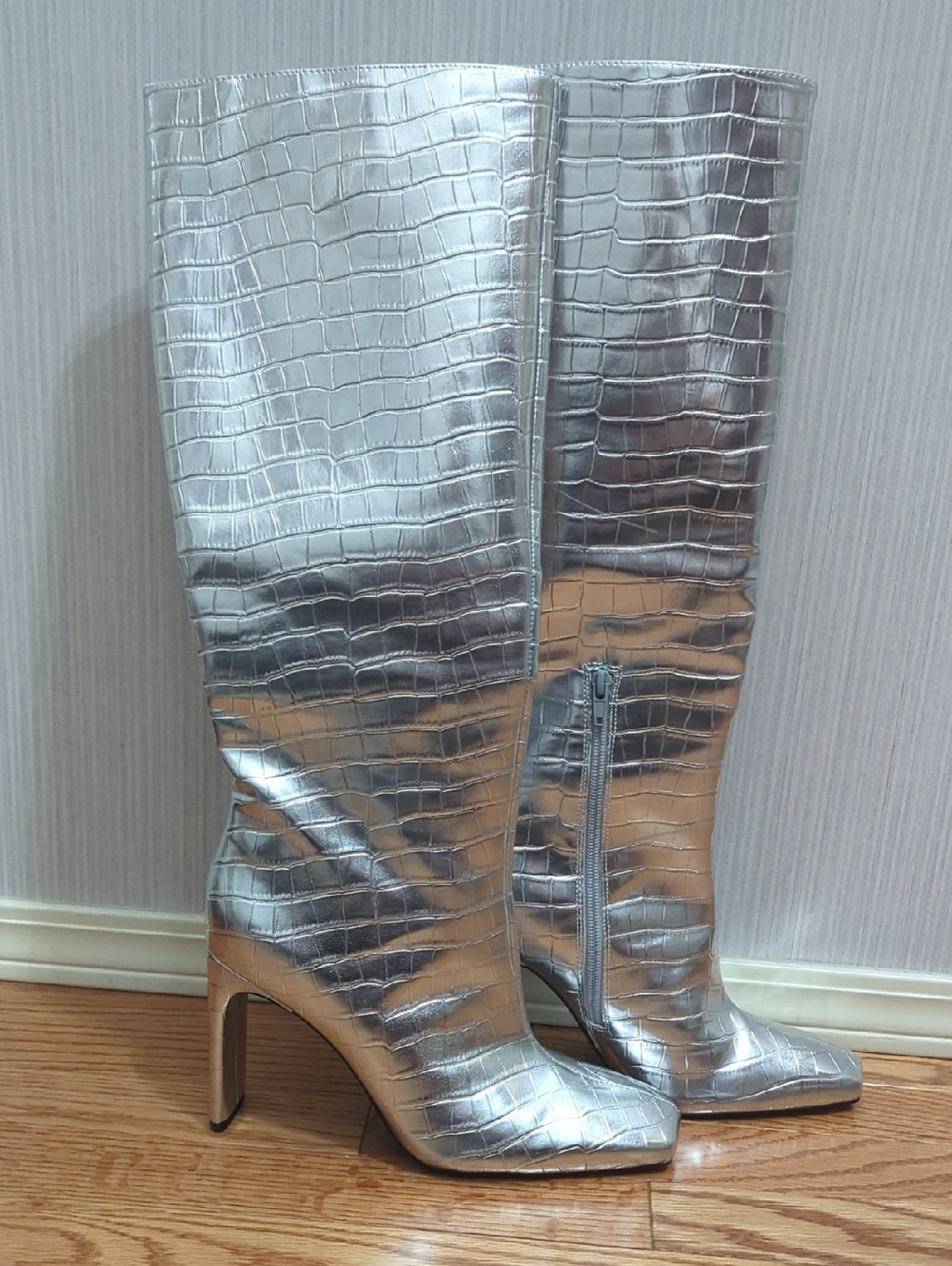 Zara Metallic Silver Knee High Boots